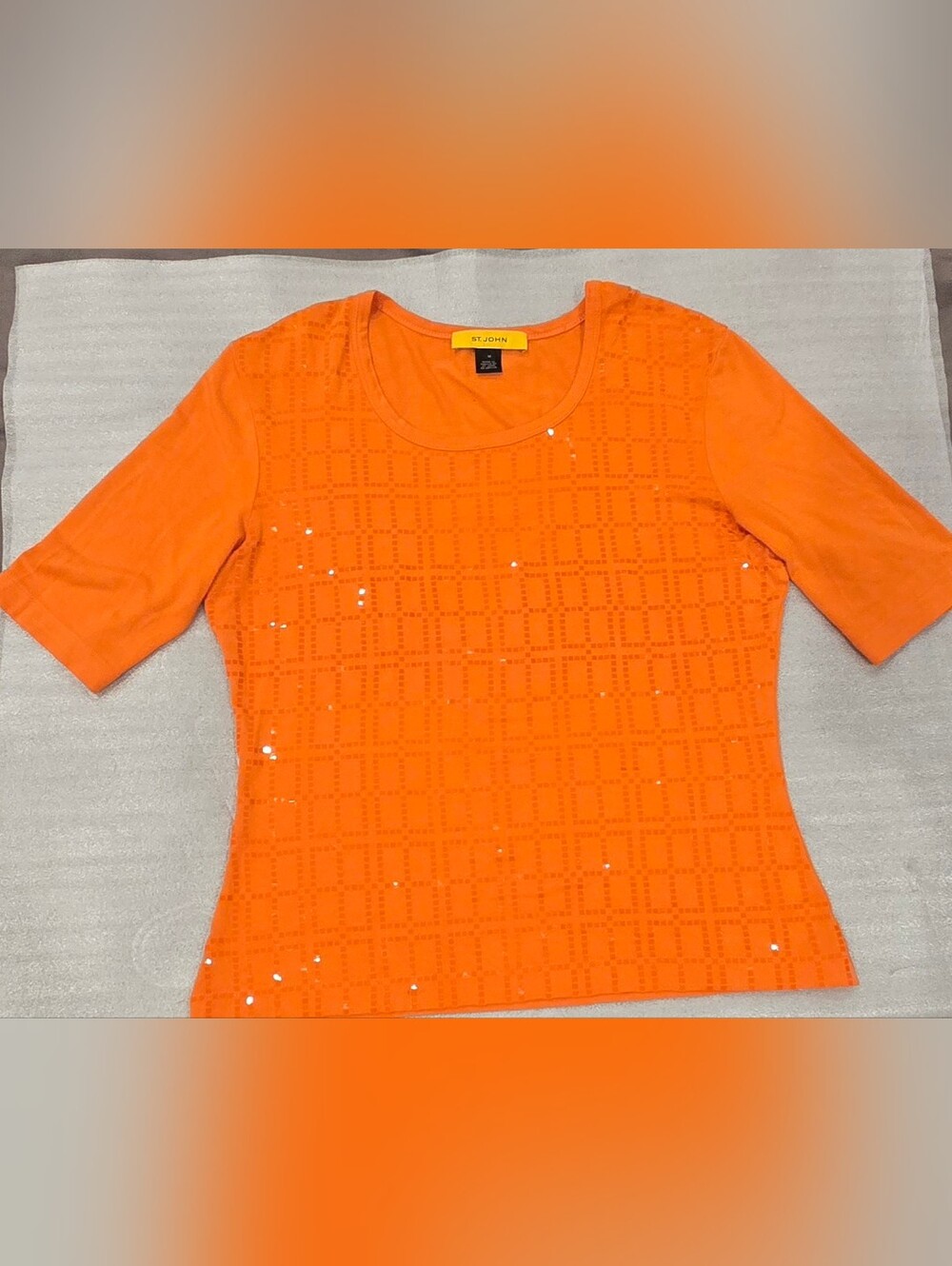 St. John Orange Sequin Grid Short-Sleeve Tee